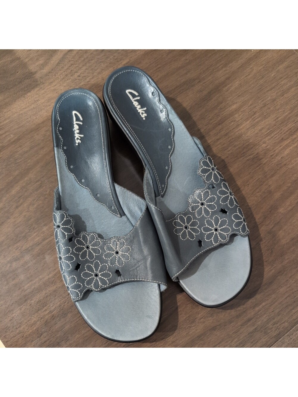 Womens Clarks Leather Sandals 11 blue Wedge Heel Daisy comfort travel cruise